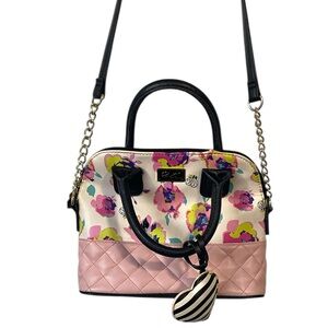 Betsey Johnson floral quilted satchel crossbody bag with heart charm Pink black